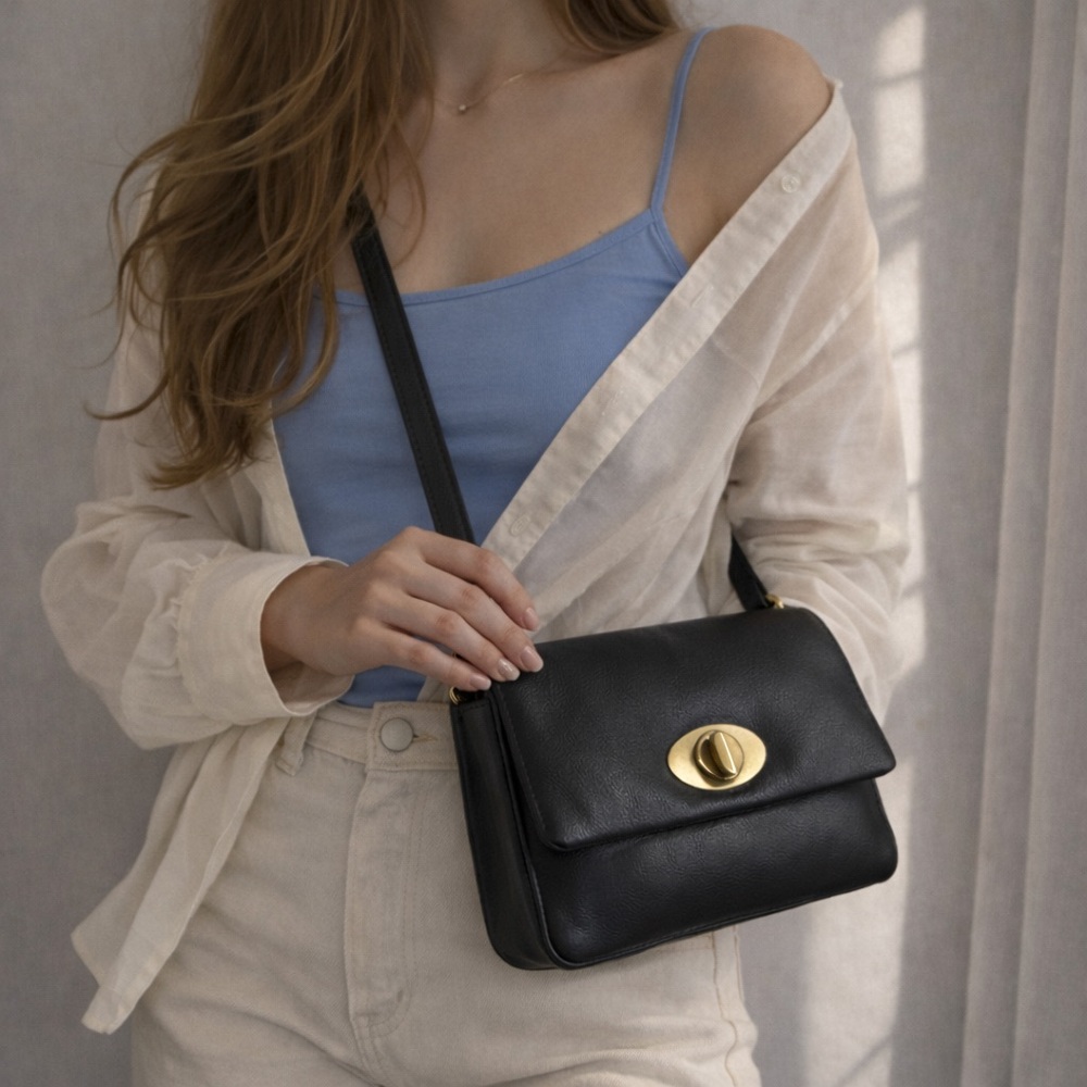Made in India Black Genuine Leather Crossbody Bag W Flap Closure